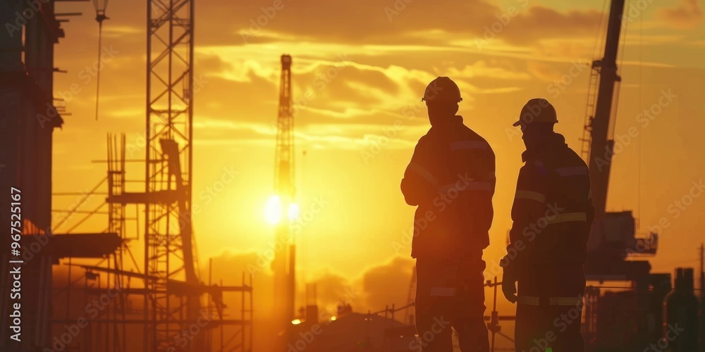 Two construction workers at dusk on a jobsite during sunset. Construction equipment in silhouette against the backdrop of the city skyline. Two construction workers at dusk on a jobsite during sunset. Construction equipment in silhouette against the backdrop of the city skyline.