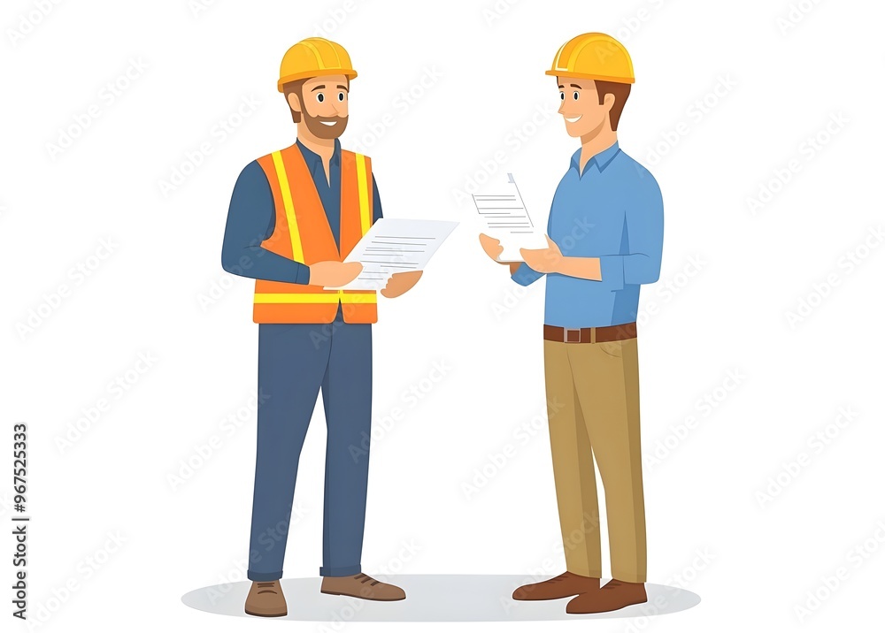 Two construction workers reviewing plans and blueprints together. Two construction workers reviewing plans and blueprints together.
