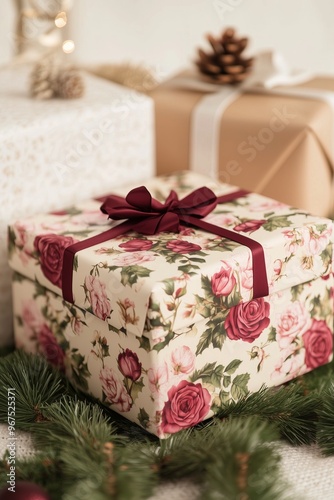 vintage inspired floral wrapping paper with a cream base and deep crimson rose patterns stack of presents, christmas vibes