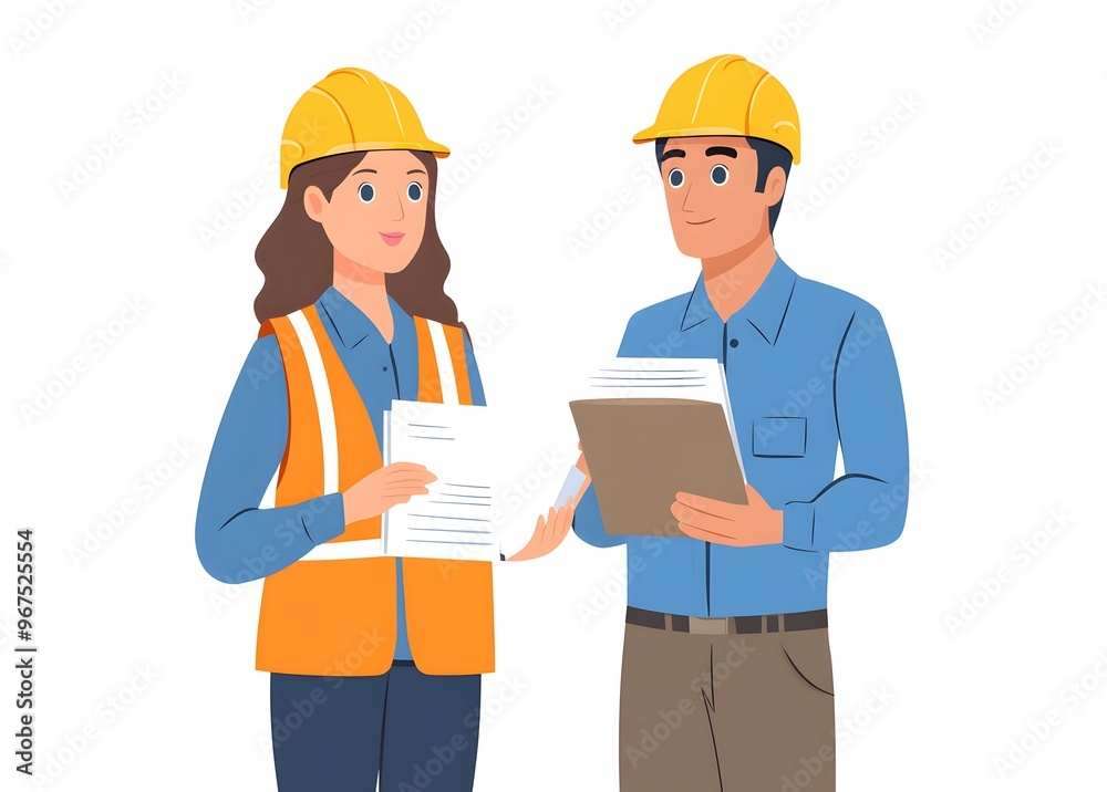 A man and woman in hard hats and safety vests stand side by side and review documents. A man and woman in hard hats and safety vests stand side by side and review documents.