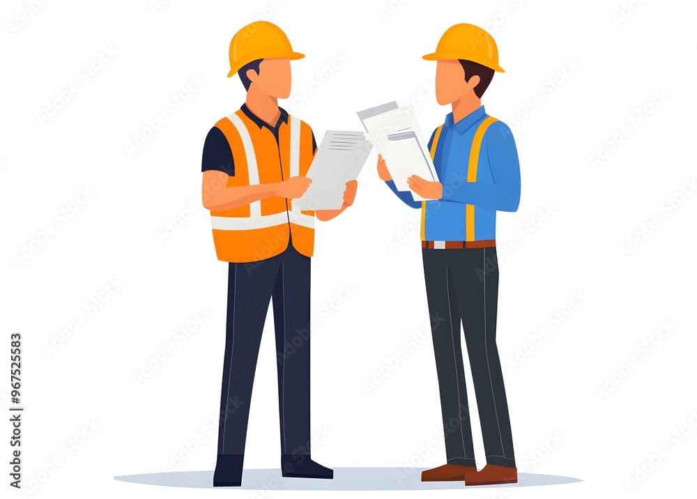 Two construction workers in hard hats and vests are discussing plans while holding clipboards. Two construction workers in hard hats and vests are discussing plans while holding clipboards.