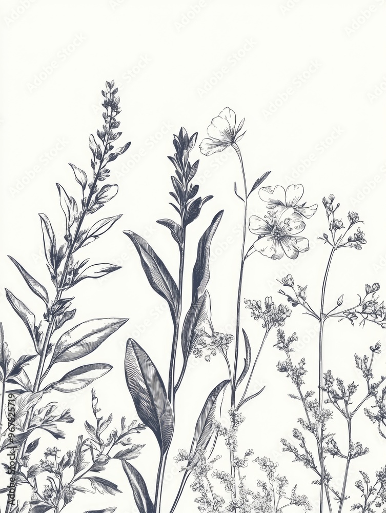 Black and white botanical illustration of various wildflowers, showcasing their natural beauty with a focus on medicinal properties. Black and white botanical illustration of various wildflowers, showcasing their natural beauty with a focus on medicinal properties.