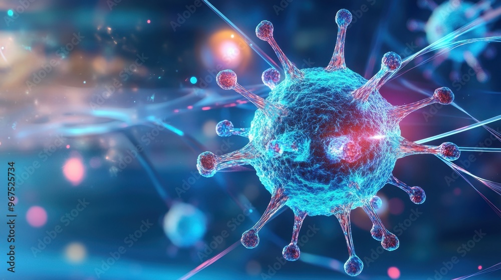 The atomic model of a virus, with intricate molecular bonds glowing in the dark The atomic model of a virus, with intricate molecular bonds glowing in the dark