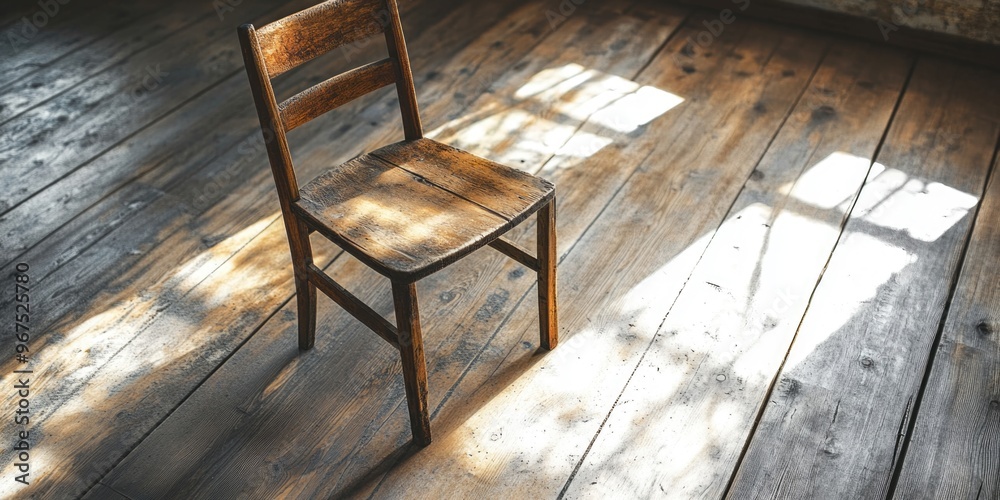 Old wooden chair in the middle of a wood floor, basking in sunlight with visible shadows on the hardwood. Old wooden chair in the middle of a wood floor, basking in sunlight with visible shadows on the hardwood.