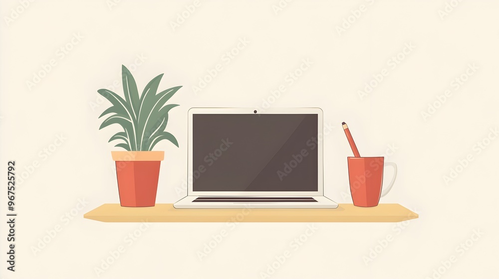 Minimalist Laptop Workspace with Potted Plant and Coffee Cup on Wooden Table