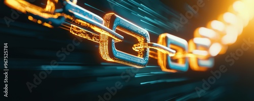A glowing chain of digital blocks connected by data streams, representing blockchain technology, high contrast, cyberpunk style. photo