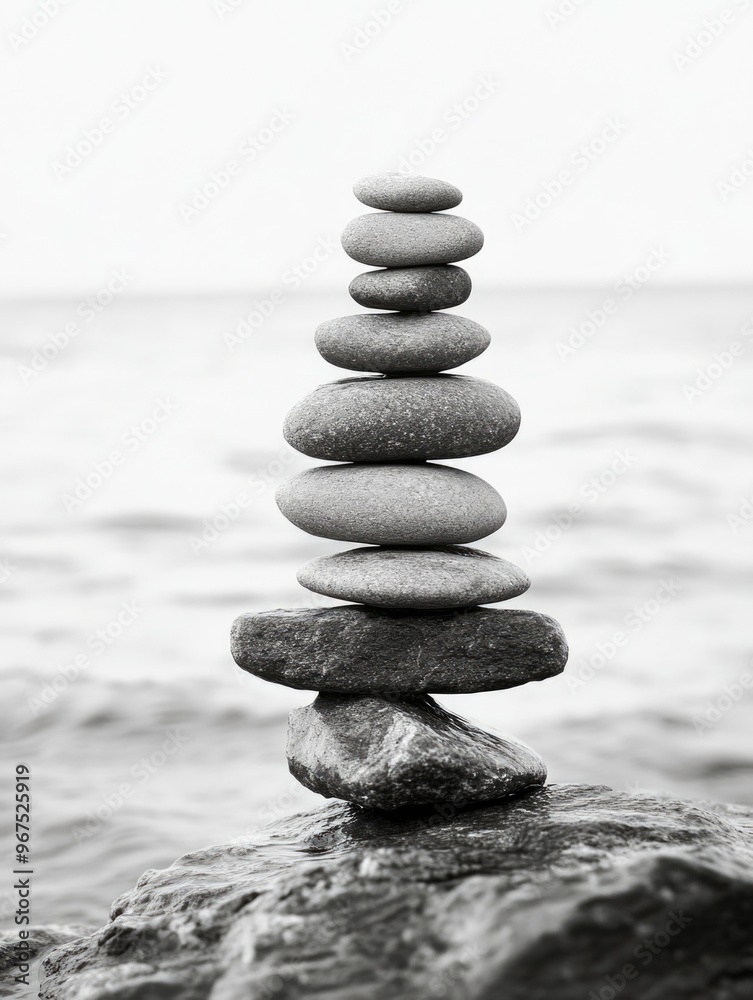 Peaceful seascape with a stack of stones, symbolizing balance and serenity. Peaceful seascape with a stack of stones, symbolizing balance and serenity.