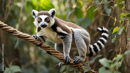 A playful Lemur catta swinging from vine to vine, its long striped tail trailing behind as it explores its natural habitat. photo