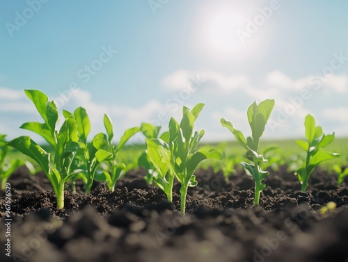 Image of young green bean seedlings sprouting in a freshly plowed field, ready for planting. The sun shines brightly on the tops of the plants, indicating good weather conditions for growth.