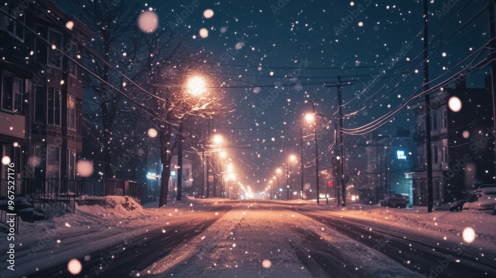 A cityscape at night during a snowfall, with streetlights casting a warm glow on the snowy A cityscape at night during a snowfall, with streetlights casting a warm glow on the snowy