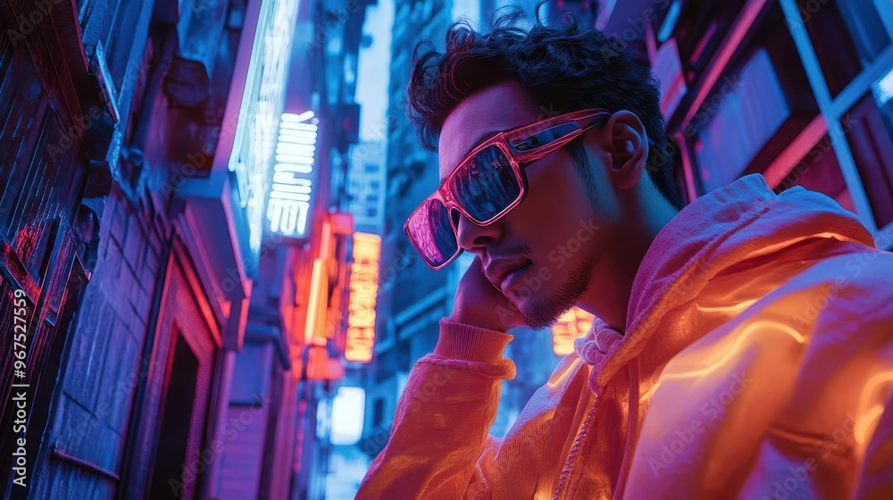 Obraz premium A stylish young man in neon-lit city alley, wearing trendy sunglasses and an orange hoodie, capturing the essence of urban nightlife.