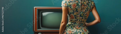 A vintage scene featuring a woman in a floral dress, standing in front of an old television against a teal wall. photo