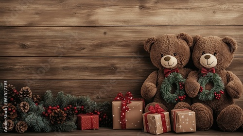 Christmas teddy bears with a Christmas wreath and presents on a wooden background, digital art painting illustration, cozy room for children photography backdrop, studio backdrops, studio photography