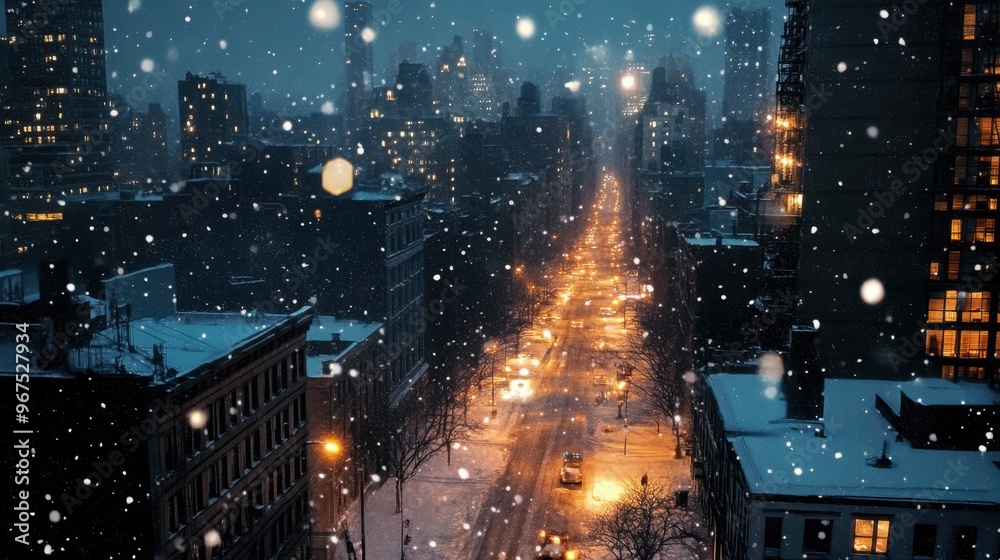 Obraz premium A cityscape at night during a snowfall, with streetlights casting a warm glow on the snowy