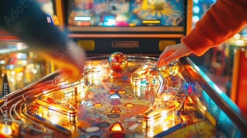 Exciting close-up of two hands playing a vintage pinball machine, showcasing vibrant lights and thrilling action. photo