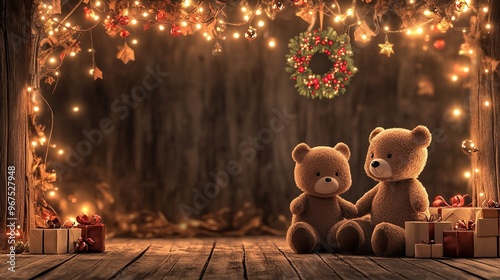 Christmas teddy bears with a Christmas wreath and presents on a wooden background, digital art painting illustration, cozy room for children photography backdrop, studio backdrops, studio photography