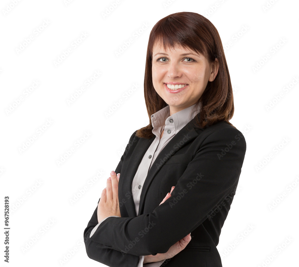 Smiling busiess woman showing confidence and happiness isolated on white background Smiling busiess woman showing confidence and happiness isolated on white background