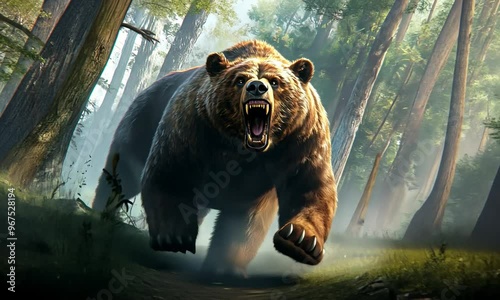 Grizzly Bear Charging Through the Forest