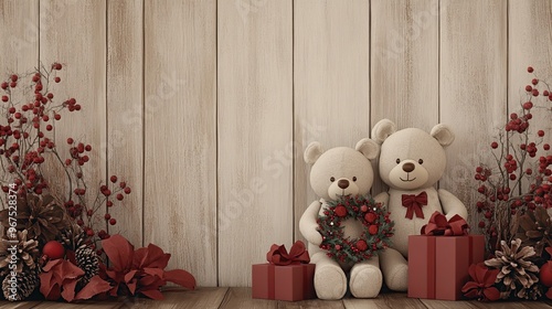 Christmas teddy bears with a Christmas wreath and presents on a wooden background, digital art painting illustration, cozy room for children photography backdrop, studio backdrops, studio photography