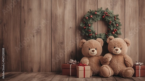 Christmas teddy bears with a Christmas wreath and presents on a wooden background, digital art painting illustration, cozy room for children photography backdrop, studio backdrops, studio photography