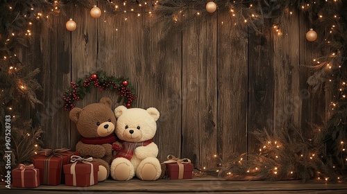 Christmas teddy bears with a Christmas wreath and presents on a wooden background, digital art painting illustration, cozy room for children photography backdrop, studio backdrops, studio photography