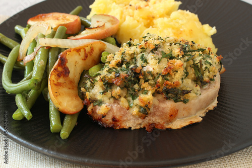 Oven-Baked Pork Loin Steak with Herb Panko Crust, Green Beans, Sautéed Apples, and Mashed Potatoes