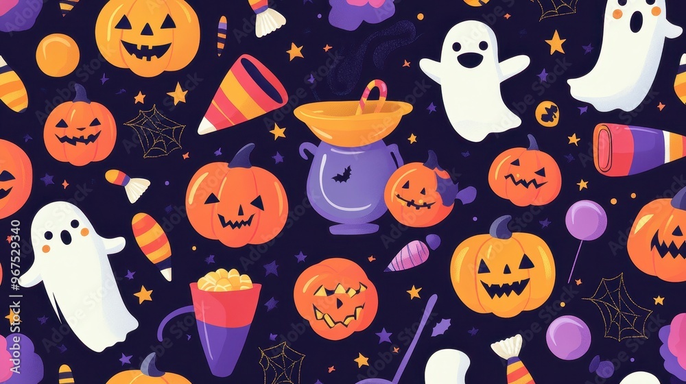 An adorable Halloween vector set showcases cute pumpkins, playful ghosts, candy, and other festive decorations on a dark backdrop An adorable Halloween vector set showcases cute pumpkins, playful ghosts, candy, and other festive decorations on a dark backdrop