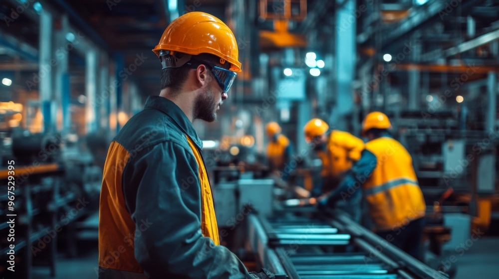 Industrial Worker in Safety Gear Standing Near Conveyor Belt