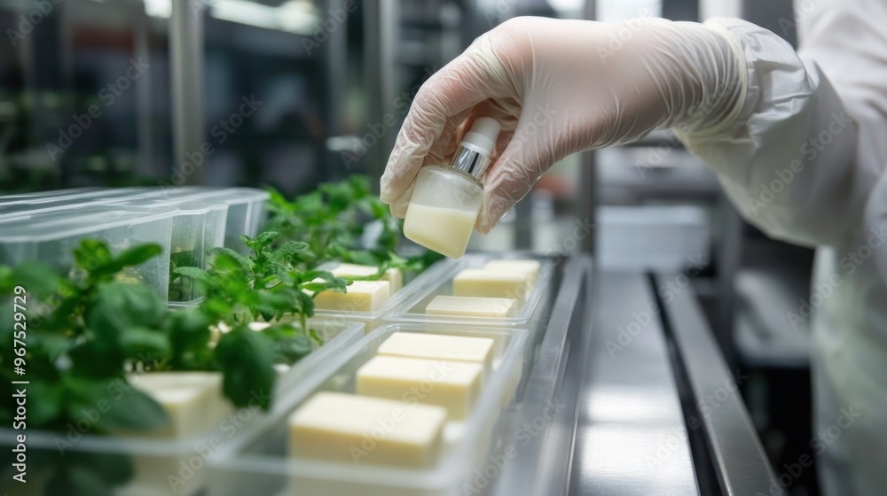 A Hand in Gloves Holds a Small Bottle Over a Tray of Plants