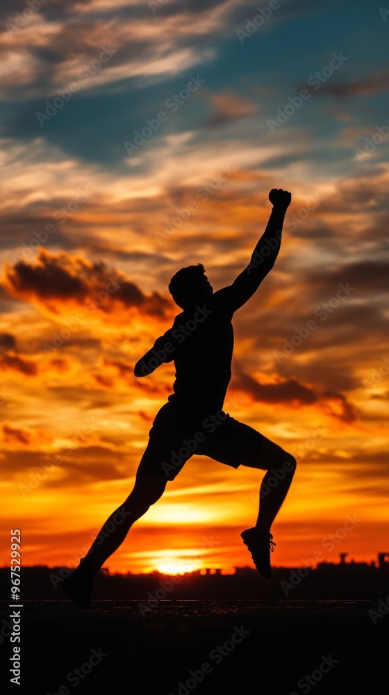 Silhouette of a man celebrating victory at sunset. Silhouette of a man celebrating victory at sunset.