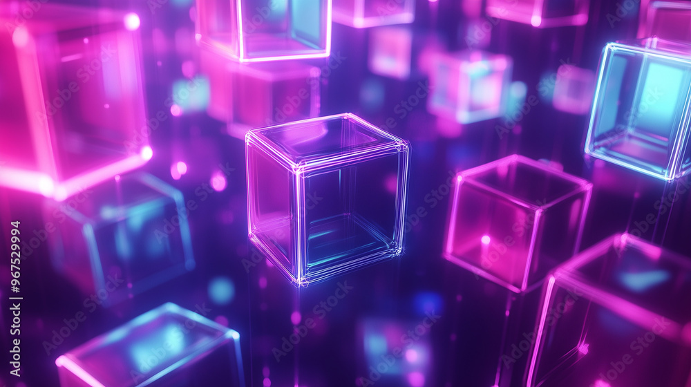 Holographic Cubes Glowing In A Vibrant Tech-Themed Environment