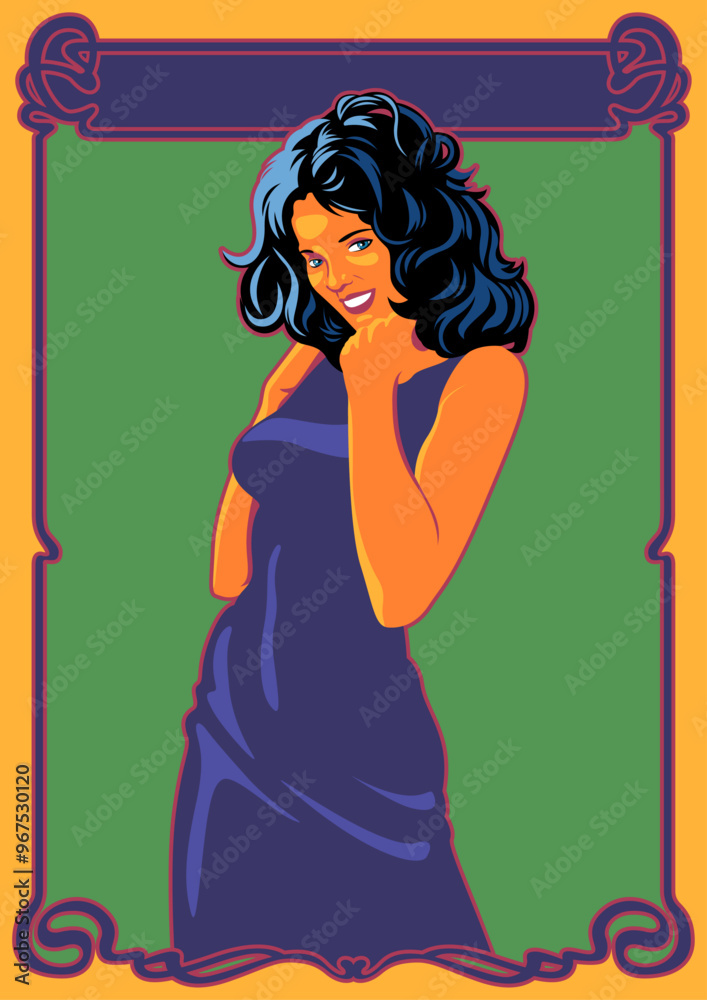 1960s Psychedelic Art Style Poster, Young Woman with Beautiful Body, Black Hair, Long Dress. Art Nouveau Frame 1960s Psychedelic Art Style Poster, Young Woman with Beautiful Body, Black Hair, Long Dress. Art Nouveau Frame