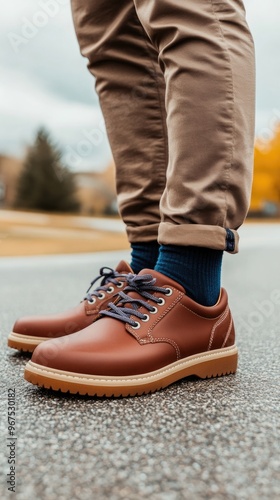 A man displays his foot in a polished maroon dress shoe, wearing brown pants and socks, relaxing outdoors surrounded by colorful garden flowers