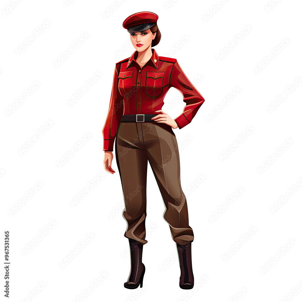 An illustration of a female soldier with a red hat and red lips, standing
