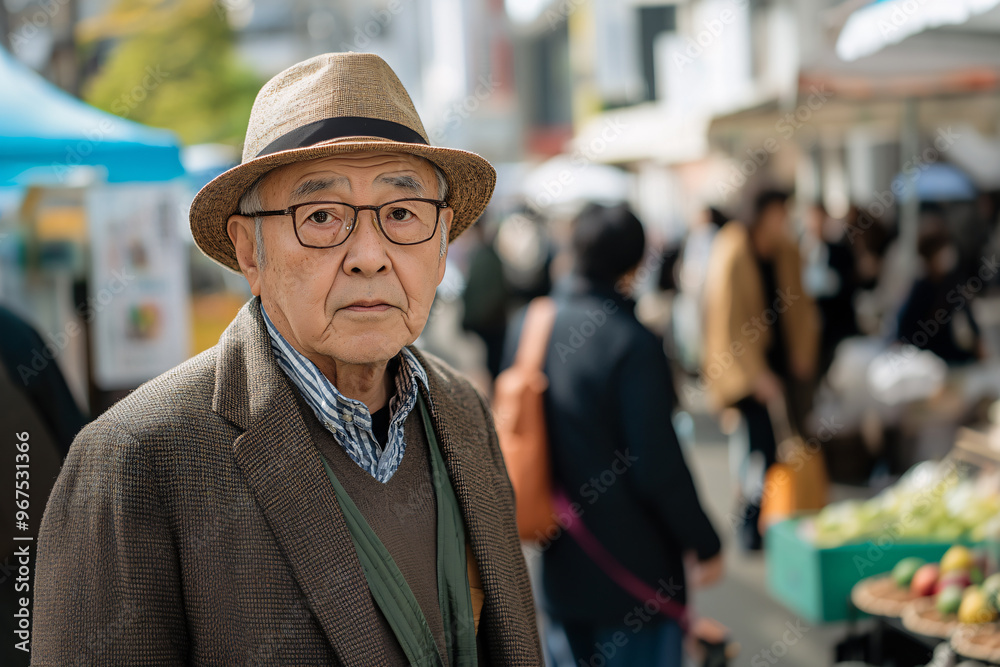 An old Japanese man with a hat and glasses stands in a market. His gaze is sad and lost. An old Japanese man with a hat and glasses stands in a market. His gaze is sad and lost.