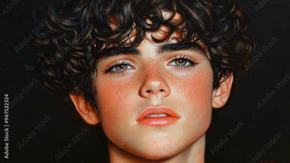 A close-up portrait capturing youthful emotion with curly hair and expressive eyes, showcasing beauty and individuality. A close-up portrait capturing youthful emotion with curly hair and expressive eyes, showcasing beauty and individuality.