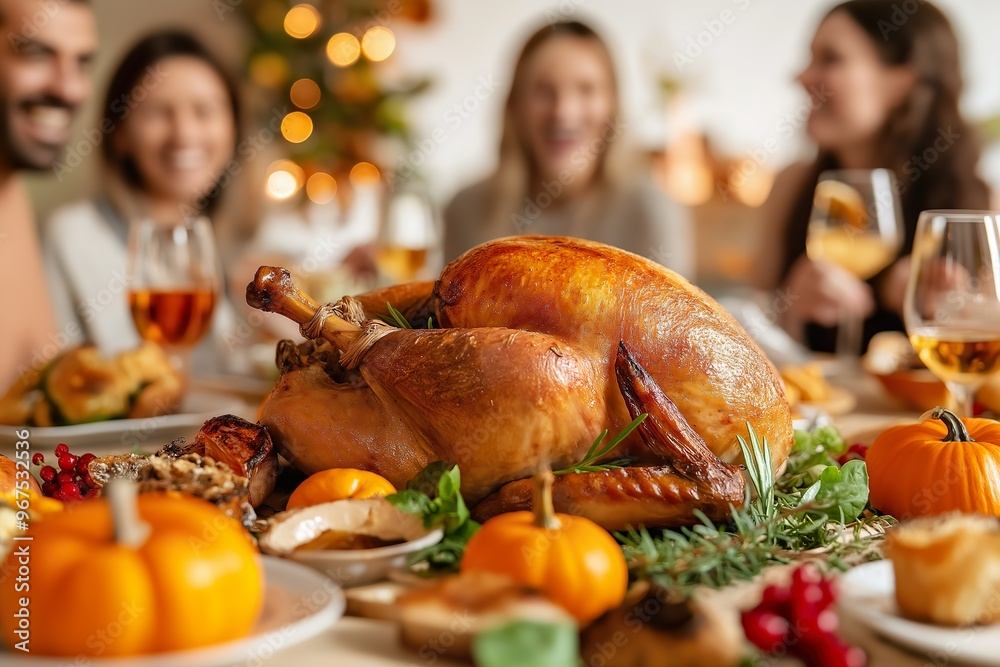 Friends around table is filled with turkey and various dishes Friends around table is filled with turkey and various dishes