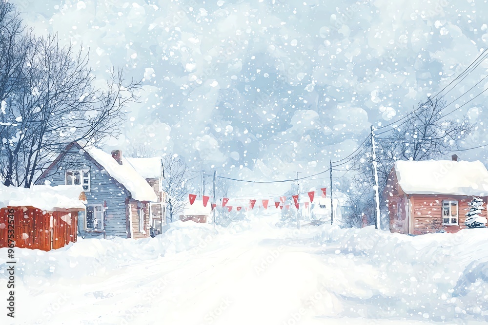 Winter village, streets buried in snow, blizzard alert flags, Watercolor style Winter village, streets buried in snow, blizzard alert flags, Watercolor style