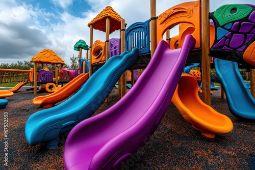 An energized and bright playground featuring multiple colorful slides and play structures surrounded by a safe, well-designed environment, promoting active play and fun.