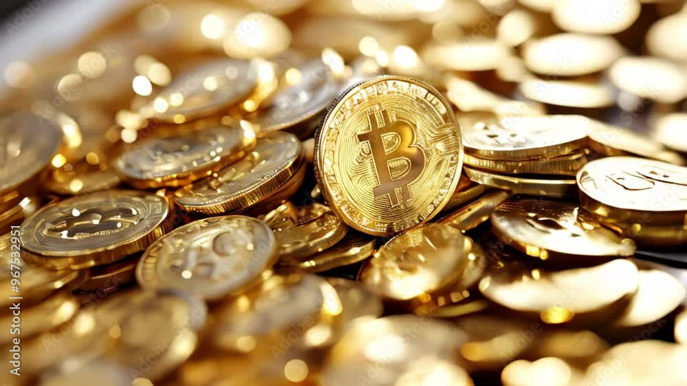 A collection of shiny Bitcoin coins stacked together, reflecting light in a vivid display of cryptocurrency wealth on a metallic surface A collection of shiny Bitcoin coins stacked together, reflecting light in a vivid display of cryptocurrency wealth on a metallic surface