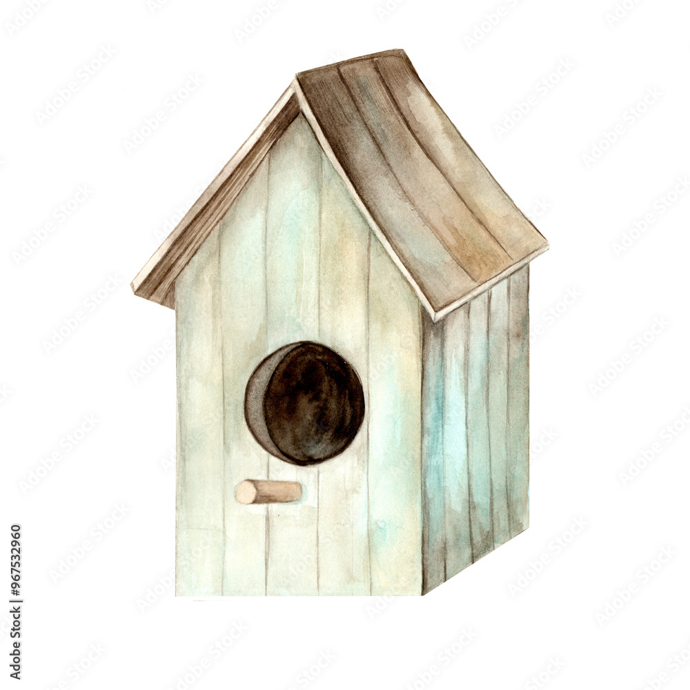 Birdhouse. Watercolor drawing on a white background. The illustration is hand drawn. Suitable for card designs, textiles and scrapbooking. Birdhouse. Watercolor drawing on a white background. The illustration is hand drawn. Suitable for card designs, textiles and scrapbooking.