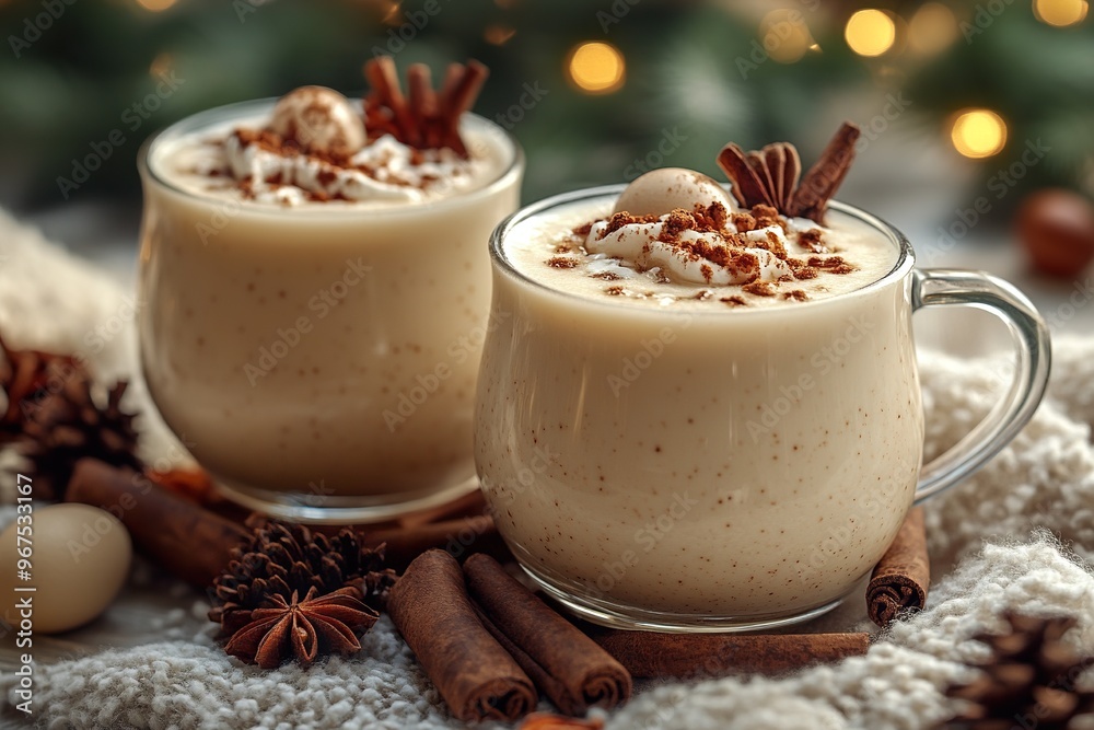 glass of eggnog with cinnamon and star anise, resting on a wool blanket. glass of eggnog with cinnamon and star anise, resting on a wool blanket.