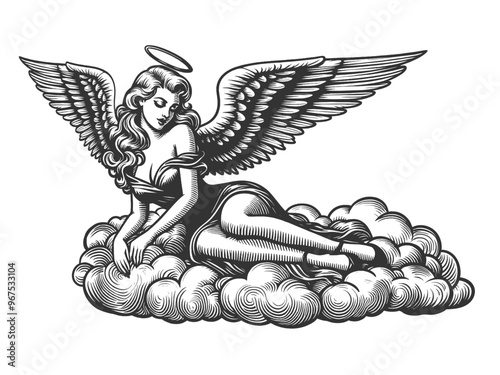 graceful angel with wings and a halo, reclining on a cloud, capturing a serene and celestial mood sketch engraving generative ai vector illustration. Scratch board imitation. Black and white image.