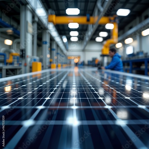 Wallpaper Mural Solar Power Factory. Inside a solar panel production facility, workers operate machinery under bright lights. Torontodigital.ca
