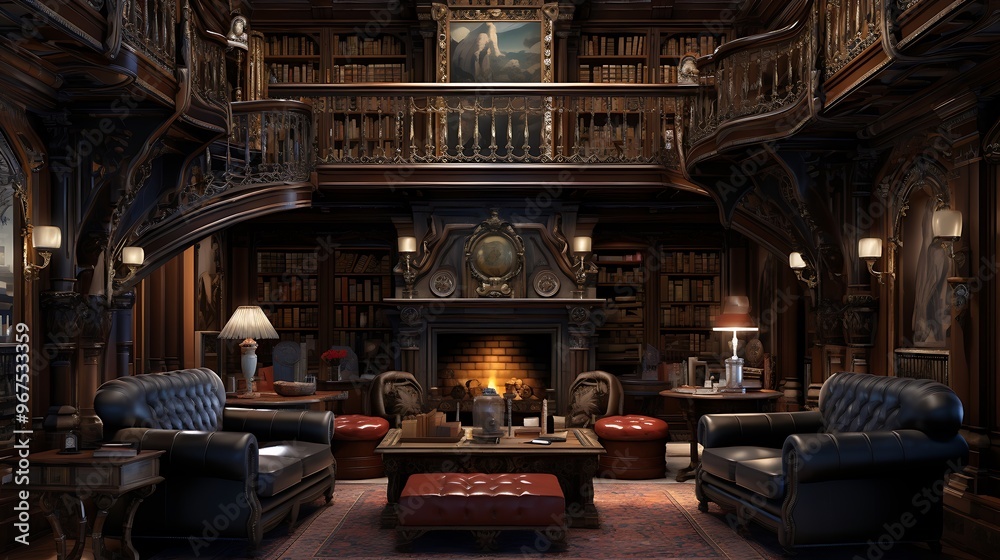 An opulent library with grand bookshelves and an elegant atmosphere.
An opulent library with grand bookshelves and an elegant atmosphere.