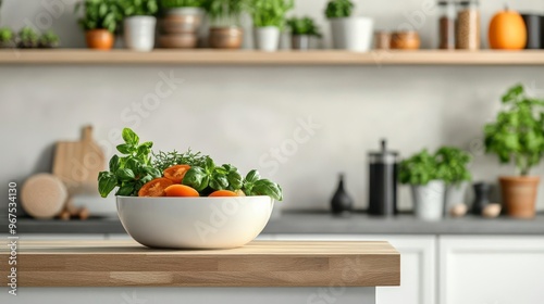 Wallpaper Mural A fresh bowl of herbs and tomatoes sits on a kitchen countertop, surrounded by green plants and a modern culinary backdrop. Torontodigital.ca
