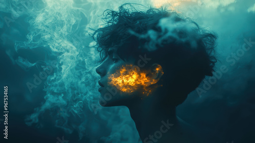 A surreal portrait featuring a person surrounded by mystical smoke, with an ethereal glow emanating from their face.