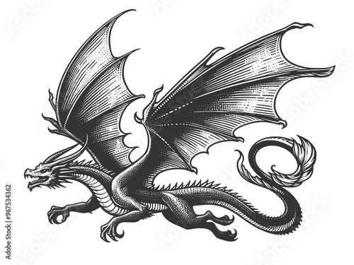 dragon, showcasing its detailed wings, tail, and scales in a classic fantasy style sketch engraving generative ai vector illustration. Scratch board imitation. Black and white image.