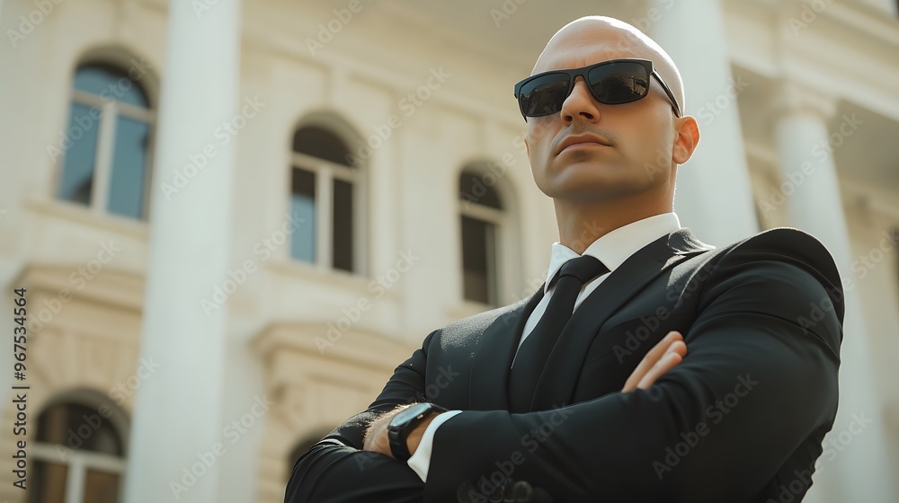 Fototapeta premium Bald man in black suit, dark sunglasses, arms crossed, confident pose, white building background, professional bodyguard, security detail, low angle shot.