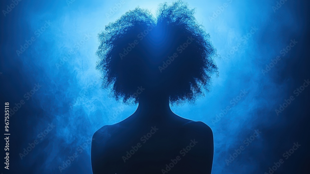 Silhouette of a person with curly hair against a mysterious blue fog, creating an atmosphere of intrigue and depth. Silhouette of a person with curly hair against a mysterious blue fog, creating an atmosphere of intrigue and depth.
